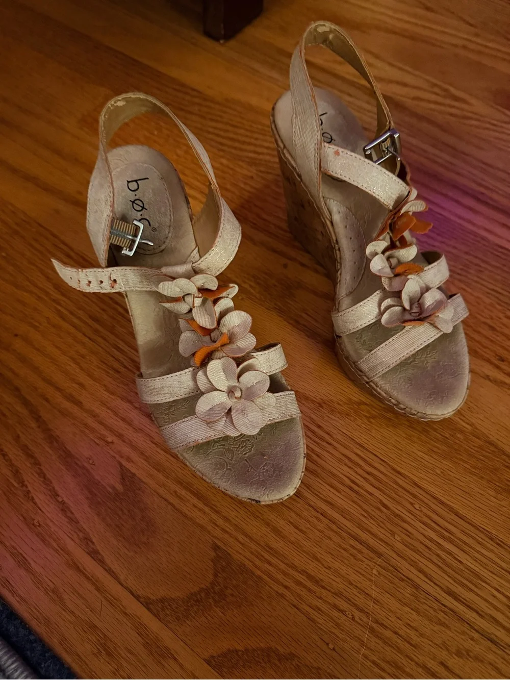 boc Beige and Orange Floral Wedge Sandals